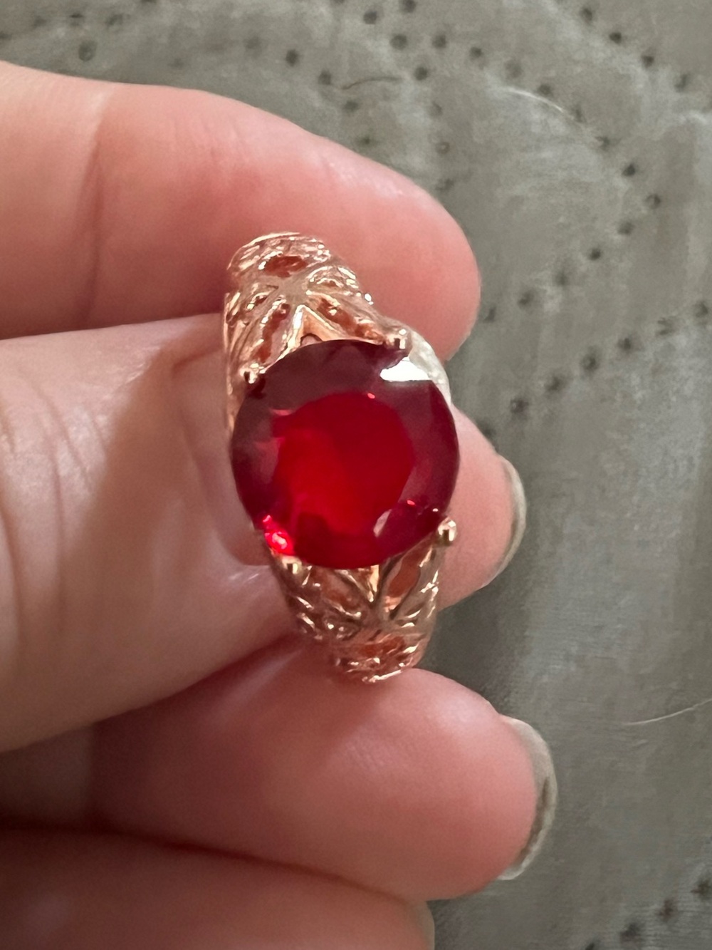 Gold-Tone Women’s Ring with Red Gemstone
